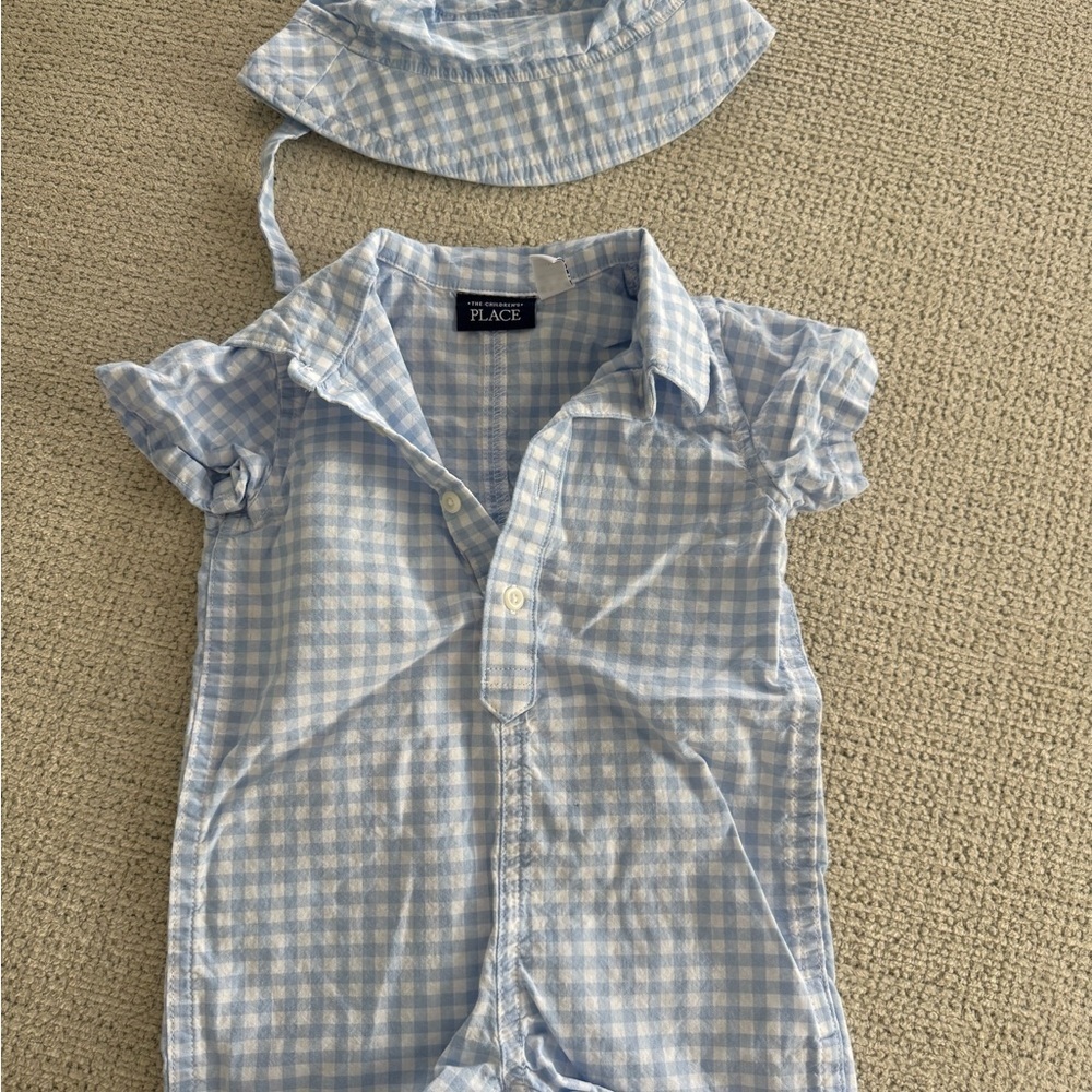 The Children's Place Light Blue Checkered Shirt and Hat Set